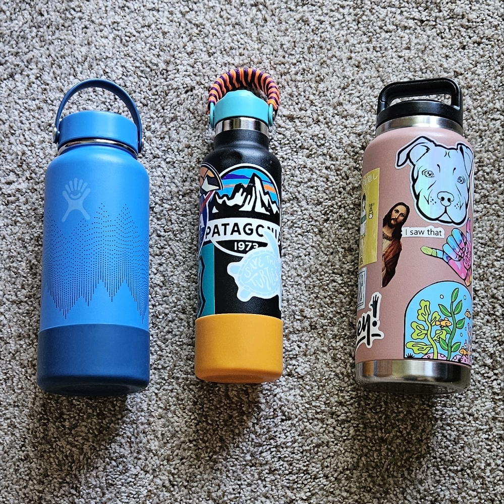 Hydroflasks and Yeti stainless bottles
